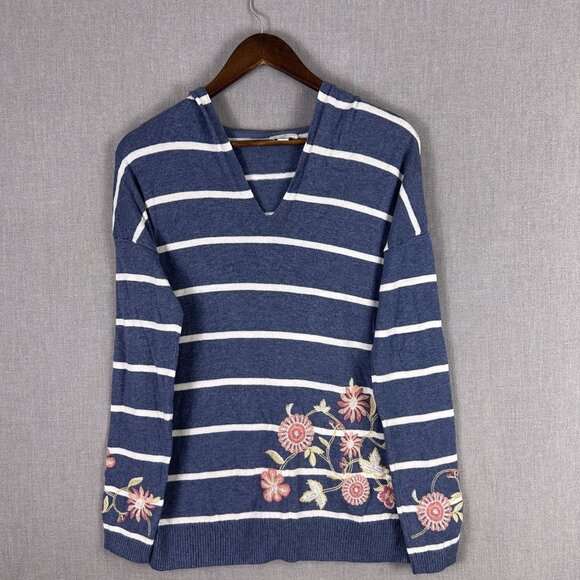 J. Jill Sweater Women’s X-Small Blue Striped Floral Embroidered Hooded Casual - Picture 1 of 9